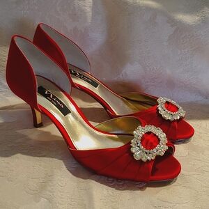Nina Red Satin Heels With Rhinestone Buckles